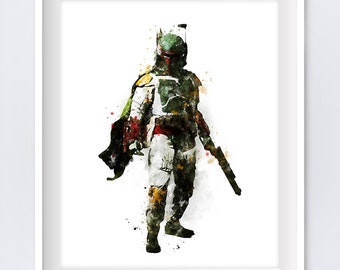 Boba Fett Print Watercolor Star Wars Art Printable Movie Poster Birthday Gift Yoda r2d2 Illustration Jango Fett Home Decor Digital Download