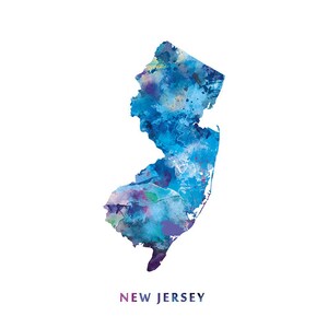 May include: A watercolor painting of the state of New Jersey in shades of blue, purple, and green. The state's outline is clearly visible, and the colors are blended together to create a soft, abstract effect. The words "NEW JERSEY" are printed below the state.