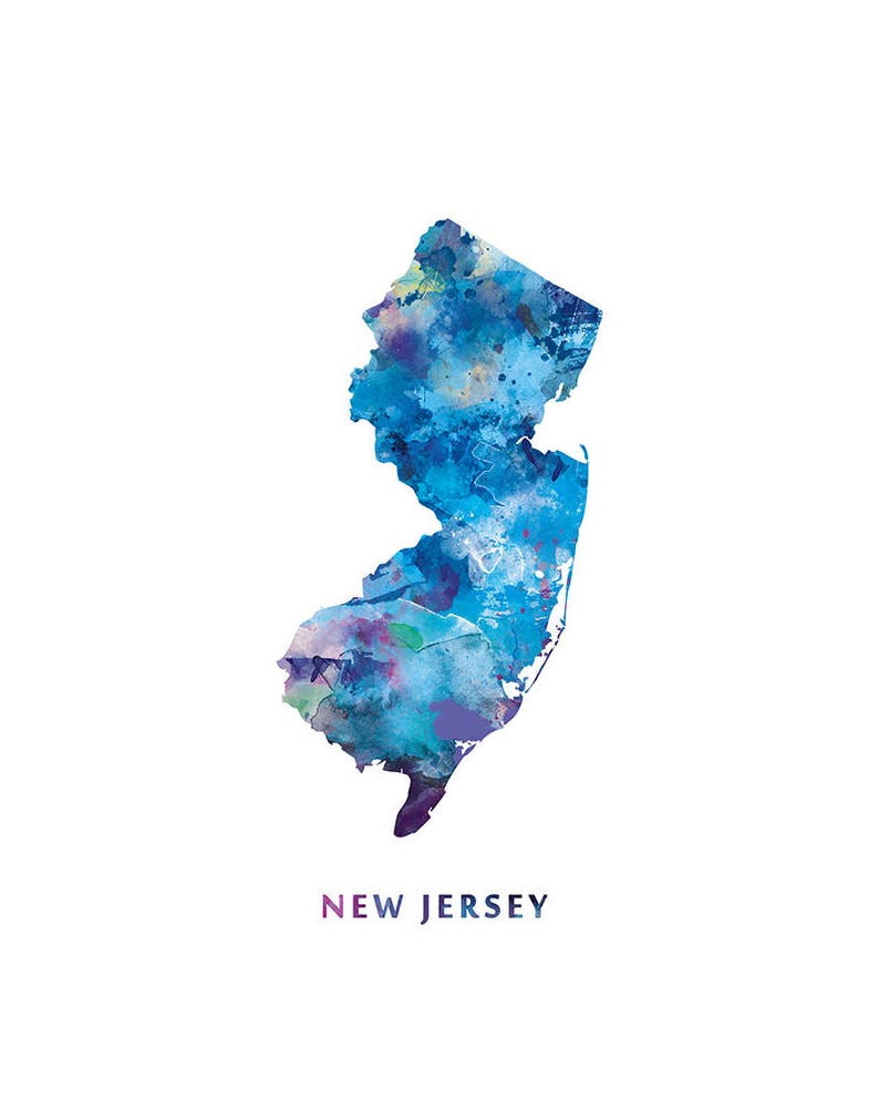 May include: A watercolor painting of the state of New Jersey in shades of blue, purple, and green. The state's outline is clearly visible, and the colors are blended together to create a soft, abstract effect. The words "NEW JERSEY" are printed below the state.