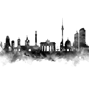 May include: Black and white watercolor silhouette of the Berlin skyline, featuring iconic landmarks like the Brandenburg Gate, the Berlin TV Tower, and the Victory Column.