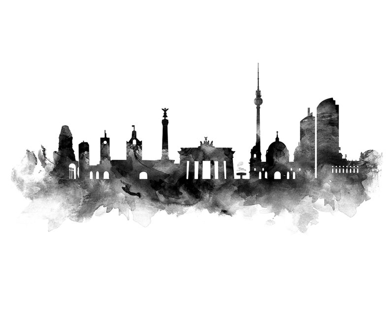 May include: Black and white watercolor silhouette of the Berlin skyline, featuring iconic landmarks like the Brandenburg Gate, the Berlin TV Tower, and the Victory Column.