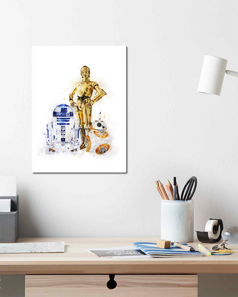 R2D2 C3PO BB8 Imprimer Aquarelle Art Star Wars Droïdes Imprimé Affiche Anniversaire Cadeau Mur Art Enfants Nursery Home Decor Téléchargement numérique image 2