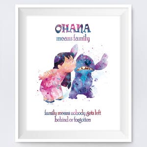 Steek Ohana betekent familie citaat aquarel kunst print lilo print lilo en steek partij kwekerij cadeau digitale download film