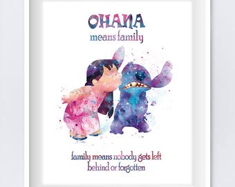 Stitch Ohana Means Family Quote Watercolor Art Print Lilo Print Lilo and Stitch Party Nursery Gift Digital Download Movie