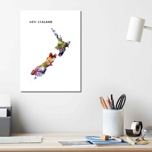 May include: A watercolor painting of New Zealand, with the country's name printed in red and black at the top of the image.
