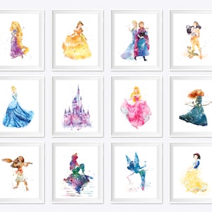 Set of 12 Watercolor Princess Art Printable Cinderella Poster Elsa Belle Party Kids Babys Home Room Nursery Gifts Download