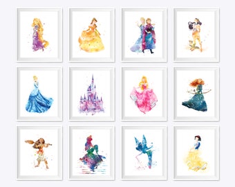 Set of 12 Watercolor Princess Art Printable Cinderella Poster Elsa Belle Party Kids Babys Home Room Nursery Gifts Download