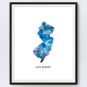 May include: A watercolor painting of the state of New Jersey in shades of blue, purple, and green. The state's name is written in pink below the image.