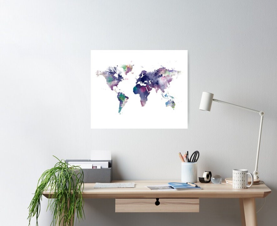 Poster XL Carte Du Monde Style Aquarelle – 252x150cm – Déco Salon – Neuf