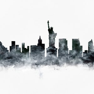 May include: A black and white watercolor illustration of the New York City skyline, featuring the Statue of Liberty and several skyscrapers.