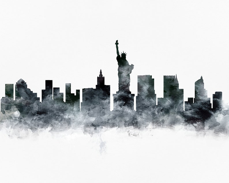 May include: A black and white watercolor illustration of the New York City skyline, featuring the Statue of Liberty and several skyscrapers.