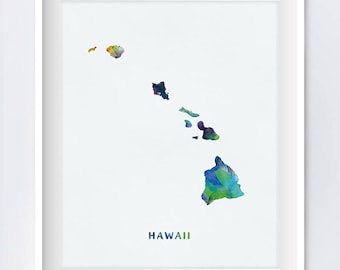 Hawaii Map, Hawaii Watercolor Map, USA, Art Print, Travel, Design, Oahu, Kauai, Poster, Painting, Gift, Map Art, Wall Art, Digital Download