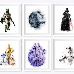 Set Of 6 Watercolor Star Wars Print  Boba Fett Art Printable Poster Darth Vader Birthday Gift Illustration Wall Art Home Kids Decor Download