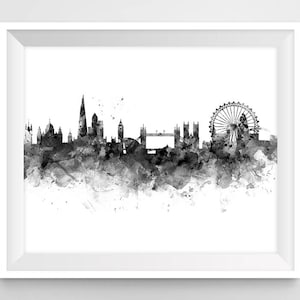 London Print, London Skyline, Black and White, Cityscape, London Art, England, Gift, Watercolor, Poster, Painting, Wall Decor, Download