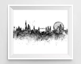 London Print, London Skyline, Black and White, Cityscape, London Art, England, Gift, Watercolor, Poster, Painting, Wall Decor, Download