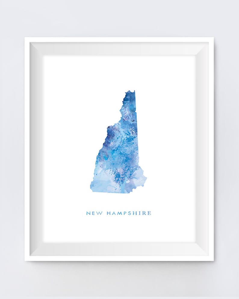 May include: A watercolor painting of the state of New Hampshire in shades of blue. The state name is written in blue text below the image.