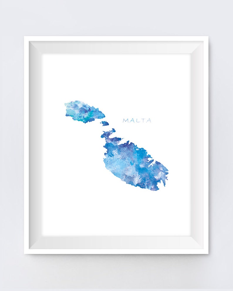 May include: A watercolor painting of the island of Malta in shades of blue. The word "MALTA" is written in white text at the top of the image.