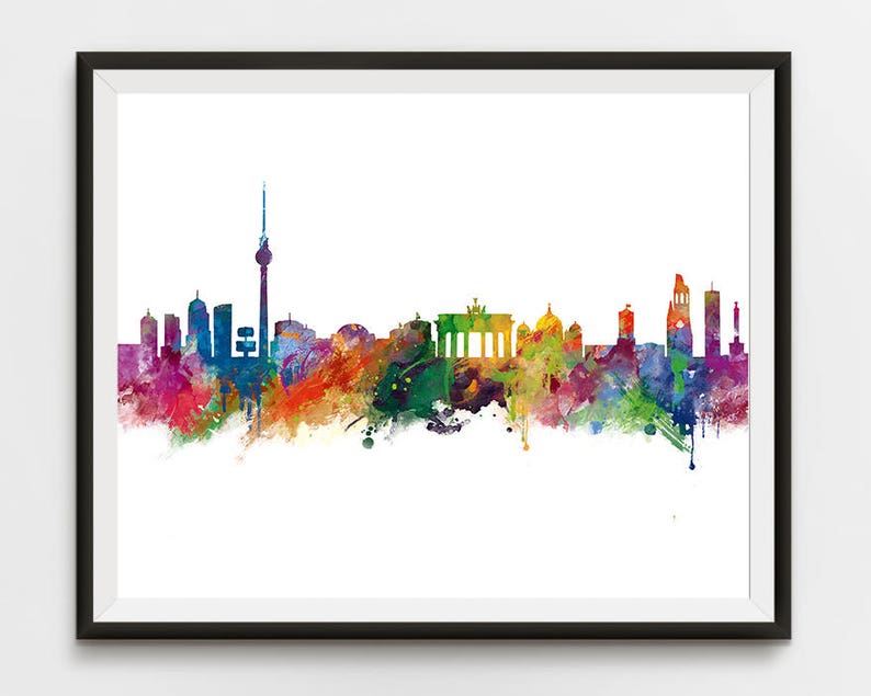 May include: A watercolor painting of the Berlin skyline, featuring the Brandenburg Gate, the TV Tower, and other iconic landmarks. The painting is done in a variety of colors, including blue, green, yellow, and red.