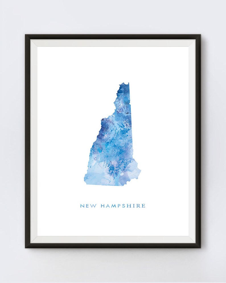 May include: A watercolor painting of the state of New Hampshire in shades of blue. The state's outline is filled with a blue watercolor wash, with white and light blue accents. The words "NEW HAMPSHIRE" are printed in blue below the state.