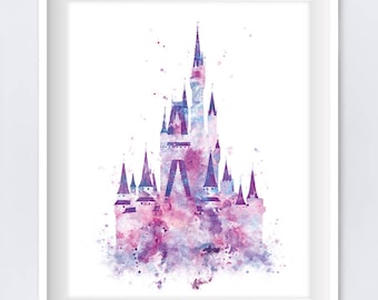 Cinderella Castle Art Watercolor Print, Princess Castle, Castle Wall Art Gift Baby World Nursery Decor Digital Download
