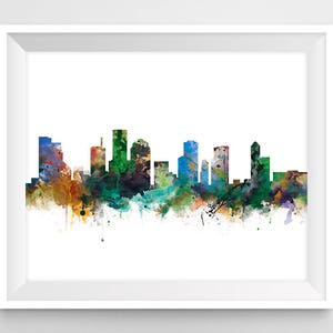 Houston Skyline, Cityscape, Houston Texas Cityscape Art Print Office Decor Watercolor Printable Gift Skyline City Print Digital Download
