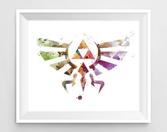 Legend of Zelda, Art Print, Hylian Crest, Triforce, Zelda Abstract, link, Game, Watercolor, illustration, Painting, Wall Art, Gift, Download