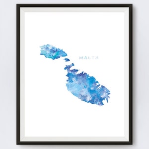 May include: A watercolor painting of the island of Malta in shades of blue. The word "MALTA" is written in black text at the top of the image.