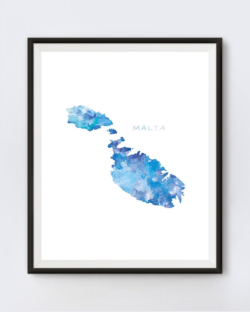 May include: A watercolor painting of the island of Malta in shades of blue. The word "MALTA" is written in black text at the top of the image.