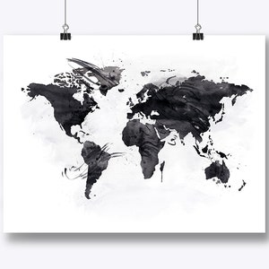 Black and White Map Art World Map Wall Art Home Office Decor Digital Print Gift For Mom Map Print Wall Art Watercolor Digital Download