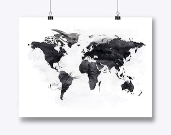 Black and White Map Art World Map Wall Art Home Office Decor Digital Print Gift For Mom Map Print Wall Art Watercolor Digital Télécharger