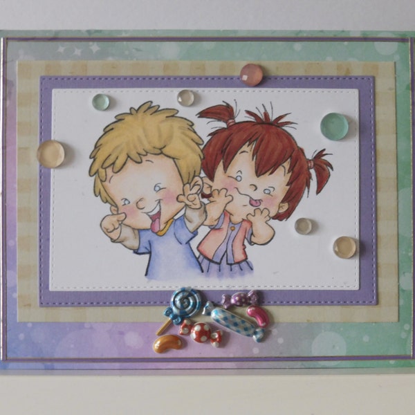 Children card - Any occasion card - Blank double greeting card - Hand colored - Main card color is lavender