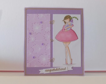 Newborn card - Shower baby card  - Blank double greeting card - Hand colored - Main card color is lavender