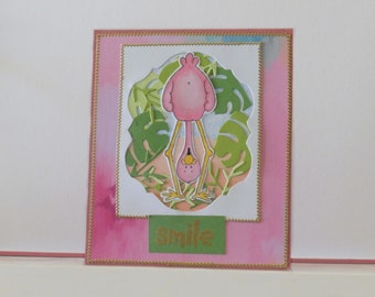 Flamingo card - Smile card - Blank double greeting card - Hand colored - Main card color is old pink