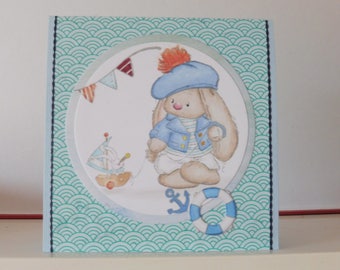 Bunny card - Sailor card - Blank double greeting card - Hand colored - Main card color is sky blue