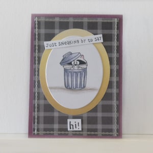 Raccoon card - Hi card - Blank double greeting card - Hand colored - Main card color is purple