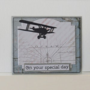 Tarjeta de avión - Tarjeta de cumpleaños - Tarjeta de felicitación doble en blanco - Hecho a mano - El color de la tarjeta principal es gris
