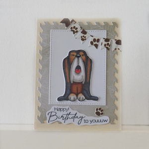 Cartão de cachorro - Cartão de aniversário - Cartão duplo em branco - Colorido à mão - A cor do cartão principal é marfim