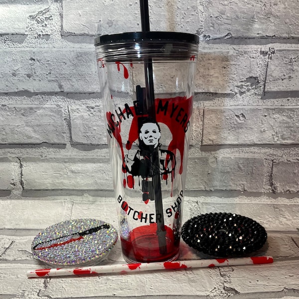 Halloween/michael myers  tumbler/ cup 24oz Personalised Halloween/horror movie snowglobe lava drip double walled tumbler