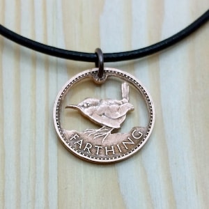 Farthing Bird Cut muntketting bedel, Britse George VI UK Farthing Wren geslepen munthanger ketting.