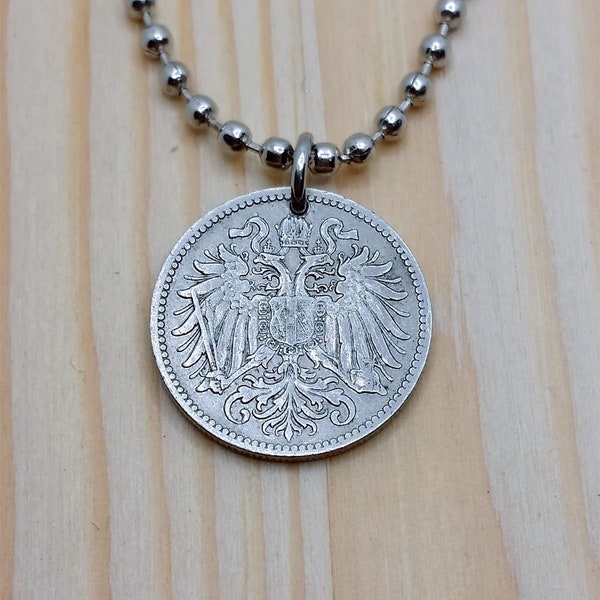 Austria Hungary coin necklace, 1894 Austrian Hungarian Double headed crowned eagle coin pendant, 10 Heller Austria coin pendant necklace.