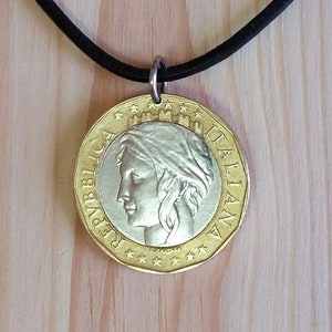 Italy Coin Necklace, 1000 Lire Italy coin pendant, year 1997 Italian female lady coin necklace, European Union map Coin charm necklace