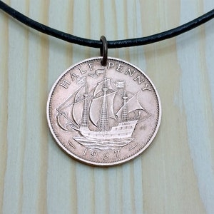 British Half Penny Coin Necklace Pendant Charm, 1953 UK Vintage Ship Coin Necklace