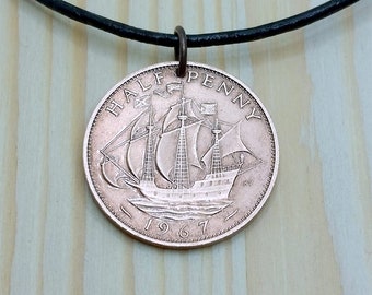 British Half Penny Coin Necklace Pendant Charm, 1953 UK Vintage Ship Coin Necklace