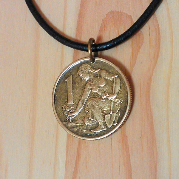 Czechoslovakian Coin Necklace, Vintage 1981 Czechoslovakia 1 Koruna coin pendant necklace charm, Lion Leo Czech Republic Coin Necklace