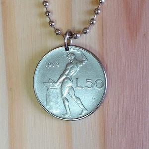 Italy coin pendant charm necklace, Italy 50 Lire Vulcan and Liberty coin necklace