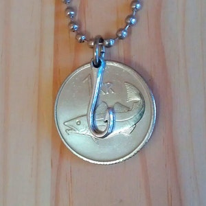 Iceland Fish coin necklace pendant charm, 1 Krona Iceland Fish coin with hook, a Cod Fish necklace pendant, Animal Coin jewerly