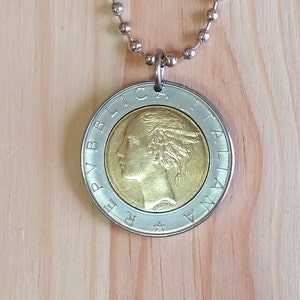 Italy coin Necklace, 500 Lire Italy coin pendant charm, Italian coin charm pendant necklace jewelry