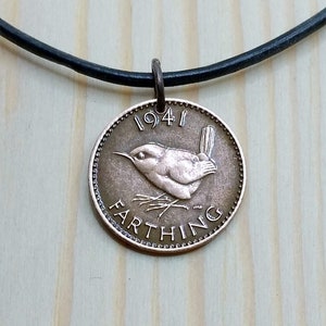 UK Farthing Bird Coin Necklace Charm Pendant - British George VI Farthing Wren Coin Pendant Necklace