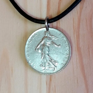 French Coin Necklace, 1 Franc Coin Pendant Necklace charm, Vintage Necklace 1969 France French 1 Francs