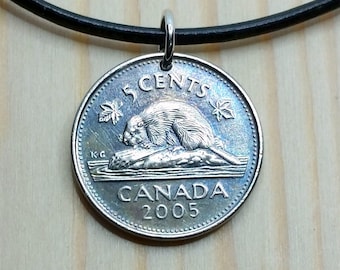 Canada Coin Necklace, Canadian 5 cents Beaver coin Pendant charm necklace, 2015 Canada Vintage Coin